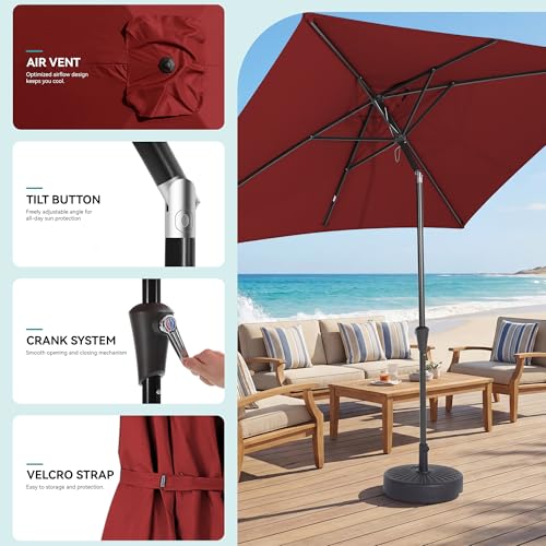 HASLE OUTFITTERS Rectangular Patio Umbrella, 6.5 x 10 ft Rectangle Table Umbrellas w/Heavy Duty Ribs, Effortless Crank and Push Button Tilt, Wind Resistant Sun Umbrella for Outdoor Patio, Wine Red - color: Wine Red