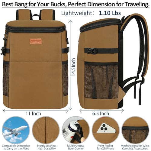 Camping Cooler Backpack 30 45 Cans, Soft Backpack Coolers Insulated Leak Proof Travel Cooler Bag Waterproof Lunch Picnic Beach Work Trip Thermal Bag Drink Beverage Beer Bag Cooler - color: Khaki Brown, size: 30 Cans