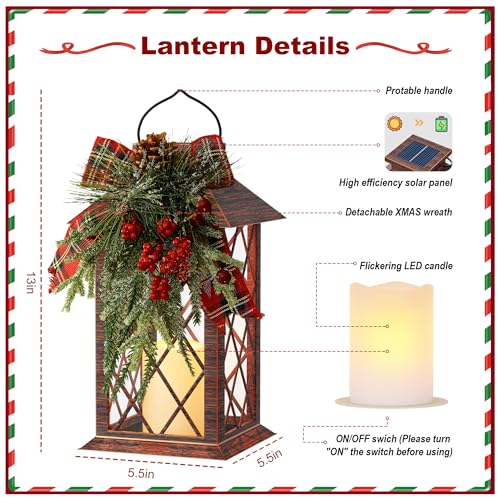 Christmas Solar Lanterns Outdoor Waterproof, 13" Outdoor Solar Powered Lantern with Flickering LED Candle, Christmas Hanging Lantern Decorations for Porch Patio Garden Balcony Pathway, 1 Pack - size: Christmas 1 Pack