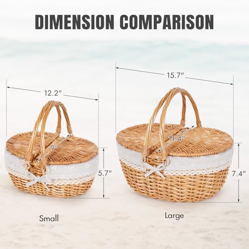 Happypicnic Wicker Picnic Basket with Handle, 15" Large Empty Picnic Basket with Lid & Removable Liner, Vintage Hand Woven Basket for Picnics, Camping, Veg Picking, Mother'S Day, Thanksgiving (Flower) - color: White Flower, size: Large