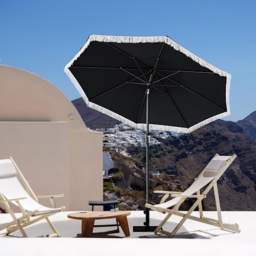 Tempera 9ft Auto Tilt Patio Umbrellas with Fringe, Outdoor Market Umbrellas with Fade Resistant Canopy, 8 Sturdy Rids, Luxurious Vintage Umbrellas for Lawn, Pool, Deck, Balcony - color: Black Tassels, size: 9 FT