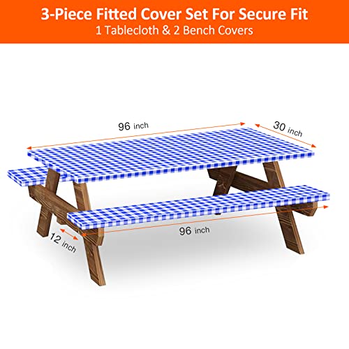 8ft Picnic Table and Bench Cover, Camping Essentials RV Gear, 96 in Waterproof Windproof Outdoor Elastic All Around Tablecloth, Fitted Rectangle Tables and Seats, Blue-White Checkered - color: Blue-white Checkered, size: 96"