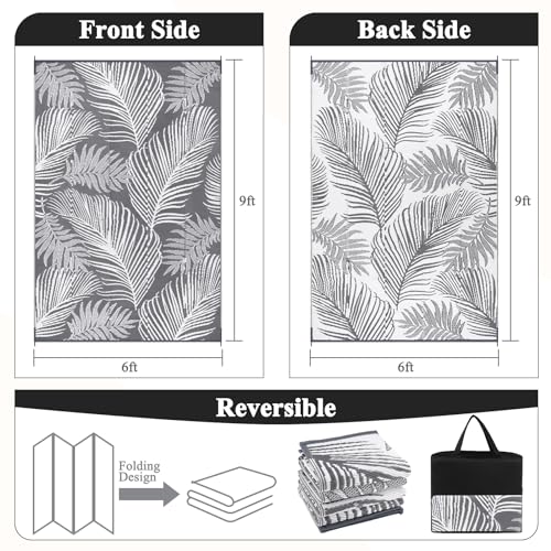 Pauwer Waterproof Outdoor Rug 6x9, Reversible Plastic Straw Patio Camping Rug, Indoor Outdoor RV Mat Carpet for Deck, Camper, Porch, Balcony, Backyard, Picnic, Leaf Grey - color: Leaf Grey, size: 6' x 9' (Rectangular)
