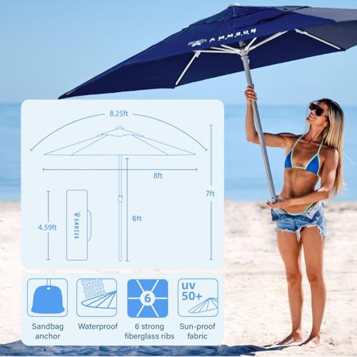 AMMSUN 8ft Large Beach Umbrellas for Sand Heavy Huty Wind Portable Commercial Grade Patio Beach Umbrella with Sand Anchor Hanging Hook Weight Sandbag Adjustable Height Air Vent UPF 50+ Telescoping Pole without tilt Navy - color: Navy