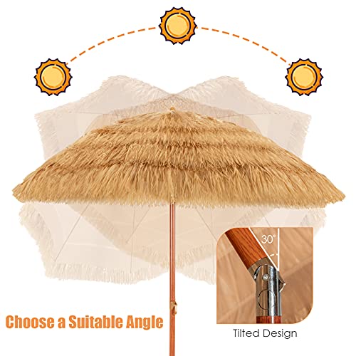 Tangkula 6.5Ft Tiki Patio Umbrella, Hawaiian Style Outdoor PE Grass Umbrella with Tilt Adjustment, 8 Ribs, Portable Thatched Beach Umbrella for Garden, Yard, Poolside - color: Natural, size: 6.5Ft
