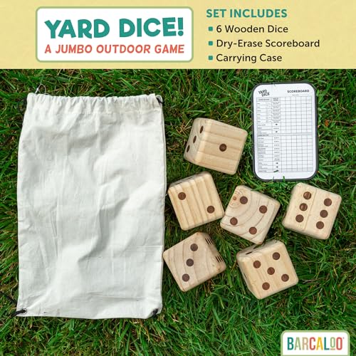 Barcaloo Yardzee Outdoor Family Games, Six 3.5" Giant Wooden Dice Games for Families (Unstained)