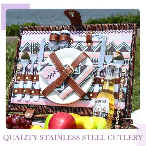 Neti Neti Wicker Picnic Basket for 2 Boho with Insulated Cooler & Waterproof Blanket – Large Willow Picnic Hamper for Outdoor, Camping, Beach, Romantic Dates, Valentine’s Day - color: Boho 1
