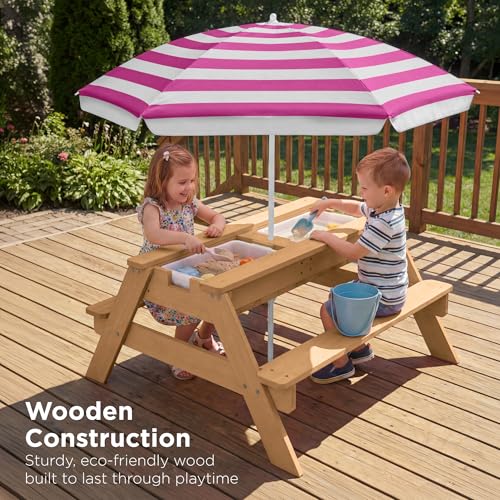 Best Choice Products Kids Picnic Table with Umbrella, 3-in-1 Sand & Water Table, Outdoor Convertible Picnic Table for Toddlers, Seats 4, Removable Top, 2 Buckets - Natural/Dark Pink - color: Natural/Dark Pink