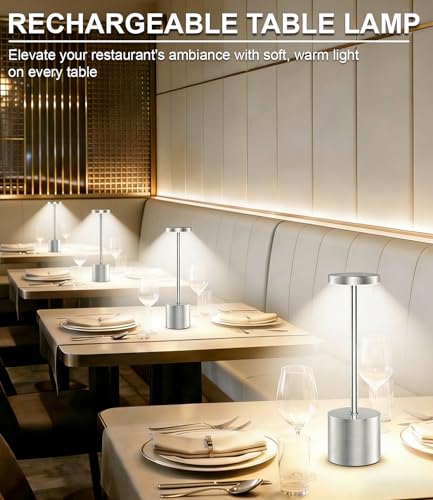 Silver Cordless Table Lamp Rechargeable - 2 Pack 5000mAH Battery Operated Lamp for Counter, 3 Color Stepless Dimming Waterproof LED Wireless Lamp for Dining Kitchen, Outdoor Patio, Touch Control - color: Silver(Set of 2)