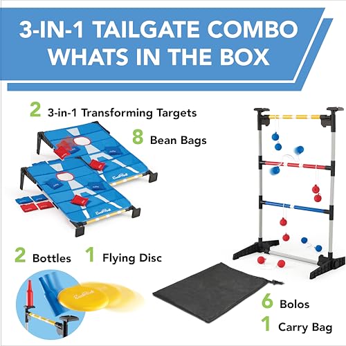 EastPoint 3-in-1 Tailgate Cornhole, Ladderball, Bottle Smash Combo Game - Blue - Versatile 3-in-1 Set for Outdoor Games - Portable Transport for Backyard