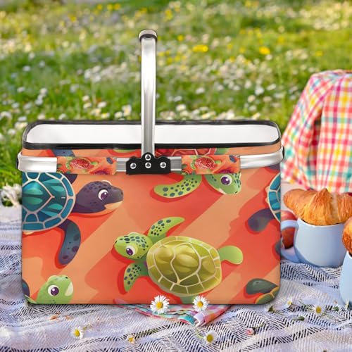 Picnic Basket, MARYHFENVA Shopping Basket with Handle 40L Collapsible Grocery Basket Portable Folding Bag for Marketing Picnic - color: Turtles(style 1)