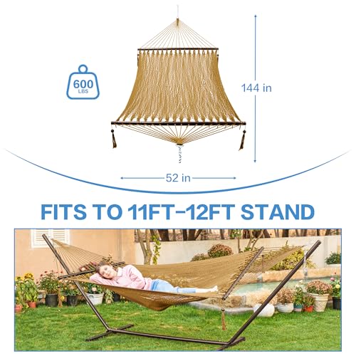PNAEUT 2 Person Caribbean Rope Hammocks for Outside, 12ft Handwoven Polyester Double Hammock with Spreader Bar for Outdoor Indoor, Max 600 lbs Capacity (Tan) - color: Tan