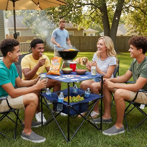 Portable Folding Camping Table with Cup Holders – Lightweight & Compact 2-Tier Outdoor Table with Storage, Ideal for Card Games, Snacks, Picnic, Tailgating & Camping (Navy Blue)