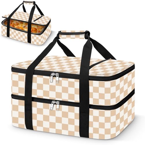 Coobiiya Insulated Casserole Carrier,Lasagna Lugger Tote Keeps Food Hot or Cold,Thermal Lunch Bag Warmer & Cooler Carrier Bag,Portable Tote Bag Fits 9" x 13" Baking Dish for Picnic and Cookout - color: Beige Grid, size: Double Layer: 15.75 × 11.8 × 7.87 i