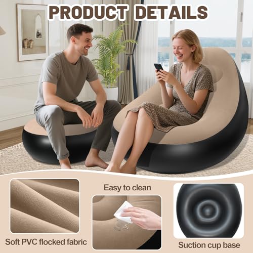 Inflatable Chair for Adults,Portable Inflatables Chairs with Ottoman,Flocked Surface inflatables Couch,Waterproof Blow Up chair,Comfortable inflatable Couch for Camping,Gaming(Without Pump)1PK