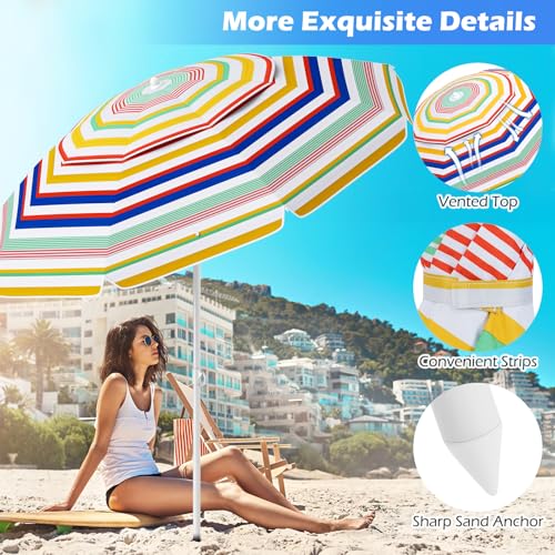 6.5 FT Beach Umbrella, Outdoor Umbrella Sun Shelter with 30° Adjustable Tilt, UPF 50+ Sun Protection, Carrying Bag, Vented Top & Sharp Anchor, Stripe Sunshade Parasol for Garden, Pool, Yard, Beach