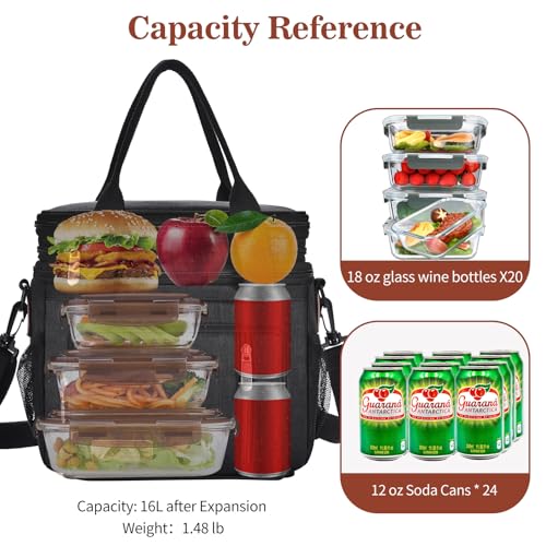 Lunch Box & Lunch Bag for Men Women, Large Insulated Adult Lunch Box Leakproof Lunchbox Cooler Bag for Work Picnic Beach,16L, Black - color: Midnight Black
