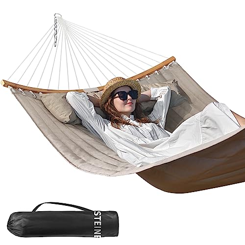 Double Hammock, 11 FT Quilted Fabric 2 Person Hammock for Outside with Pillow, Folding Curved Spreader Bar, Chains, Carrying Bag, Indoor Outdoor, 450 IB Capacity, BlanchedAlmond - color: Blanchedalmond