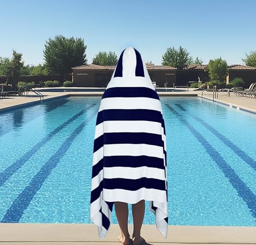 COTTON CRAFT Hooded Beach Towel - Oversized XXL 35x84 Towel with Hood for Adults - The Big Kahuna 7 Foot Beach Blanket Towel - Big & Tall Soft 100% Cotton Velour - Pool Bath Wrap - Cabana Stripe Navy - color: Cabana Stripe - Navy, size: 1 Pack - 35x84 Hoo