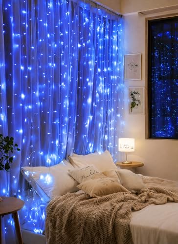 Brightown 300 LED Blue Fairy Curtain Lights, 9.8ft x 9.8ft String Lights, USB Plug in 8 Lighting Modes Christmas String Hanging Lights with Remote for Bedroom Indoor Outdoor Party Xmas Blue 1 Pack - color: Blue, size: 1 Pack-300 LED