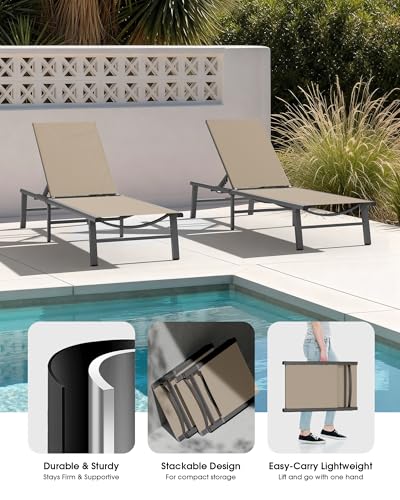 Ciokea Foldable Outdoor Lounge Chair, No Assembly Patio Chaise Lounge Outdoor with 5-Positions, Aluminum Pool Lounge Chair with Portable Design for Pool, Beach, Deck, Backyard, Khaki - color: Khaki-upgraded, size: 1 Pack