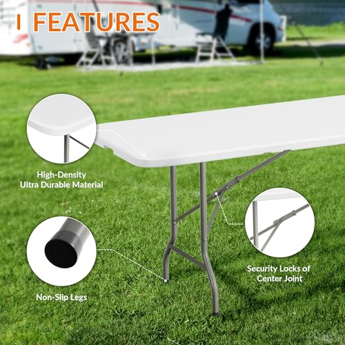 Elevon 8 Feet Heavy Duty Folding Table with Adjustable Height, Fold-in-Half Portable Table for Indoor Outdoor Use - Camping, Picnic, Party, Wedding, Dining, Utility Table - size: 8 feet, style: Without Chair