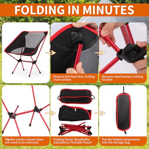 Ultralight Camping Chair, Foldable Portable Camping Chair with Breathable Nylon Mesh, Compact Design & Carry Bag for Hiking, Backpacking, Beach, Concerts (Black&red) - color: Black&red