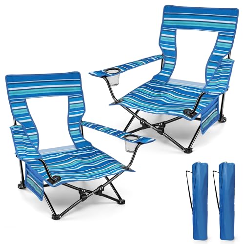HaSteeL Folding Beach Chair Set of 2, Foldable Striped Camping Chairs for Outside, Low Beach Chair Portable for Adults Fishing, Picnic, Outdoor BBQ, Travel, Sports, Cup Holder & Storage Bag - color: Striped Chairs