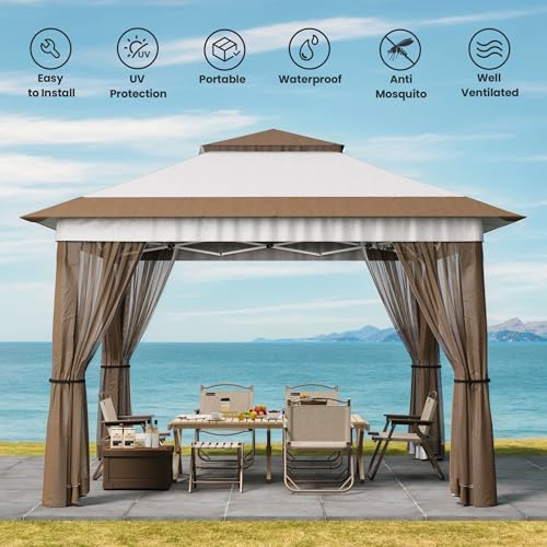 Bealife 11x11 Pop Up Gazebo Tent with Mosquito Netting, Instant Gazebo, Party Tent with Roller Bag, Pop Up Canopy Tent for Parties Patio Lawn Backyard Garden Deck, Beige - color: Beige