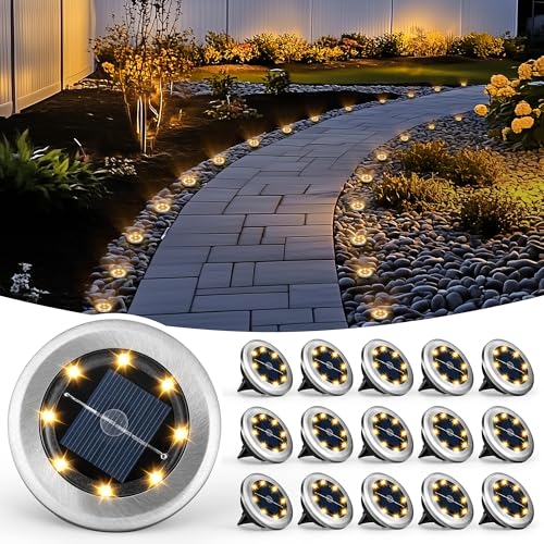 PATIOWIN Mini Solar Ground Lights, 16 Pack Solar Powered Pathway Lights, Waterproof Outdoor Light for Garden, Driveway, Walkway, Backyard, Patio (Warm White) - color: Warm White, size: 16 PACK