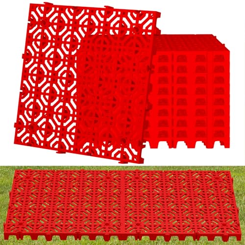 10 Pcs 15.7" x 15.7" Heavy Duty Ground Protection Mats, Interlocking Non-Slip Floor Mat, Heavyweight Gravel Grid Drive on Lawn, 6613 lb Load Permeable Paver for Parking, Outdoor Event Flooring, Red - color: Red