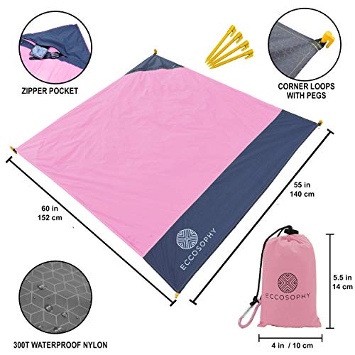 ECCOSOPHY Sand Proof Beach Blanket - Waterproof Picnic Blanket 60x55 Outdoor Compact Pocket Blanket Lightweight Ground Cover for Hiking Camping Festivals Sports Travel with Bag & Stakes (Pink) - color: Pink