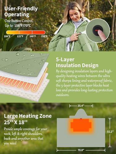 Heated Blanket Battery Operated, Portable Heat Shawl Throw,Heating Outdoor Camping Blanket Hoodie - color: Green