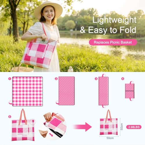 2 in 1 Tote Picnic Blanket Waterproof Outdoor Camping Mat，Large Capacity Beach Blanket 80''x80'' 7 Layers Easy to Foldable and Carry. - color: Pinkcheck