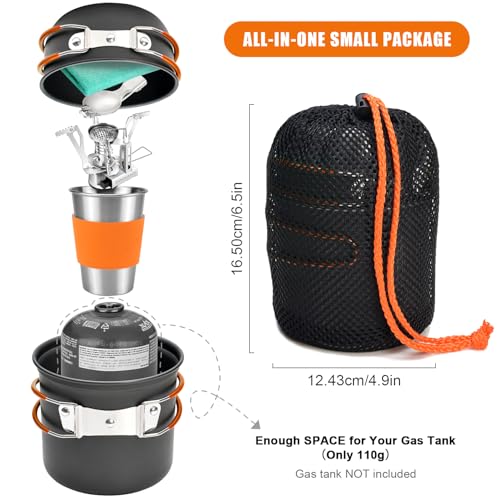 Odoland Camping Cookware Stove Carabiner Canister Stand Tripod and Stainless Steel Cup, Tank Bracket, Fork Spoon Kit for Backpacking, Outdoor Camping Hiking and Picnic - color: Orange