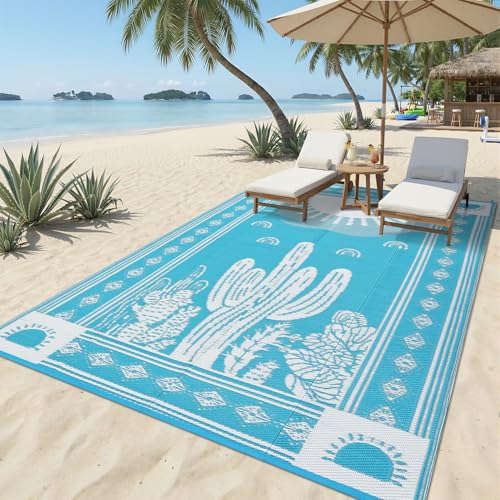 Garvee Waterproof Outdoor Rug 5x8, Cactus Botanical Outdoor Plastic Straw Rug for Camping, Reversible RV Mat Outside, Indoor Outdoor Carpet for Porch, Deck, Backyard, Balcony, Teal Blue - color: Blue--cactus, size: 5' x 8' (Rectangular)