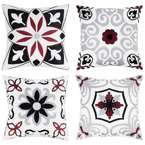 Pyonic Black White Gray Outdoor Pillows Waterproof Throw Pillow Covers Set of 4 Floral Printed and Boho Farmhouse Outdoor Pillow Covers for Patio Funiture Garden 18x18 Inch - color: Black Brown, size: 18" x 18" (Pack of 4)