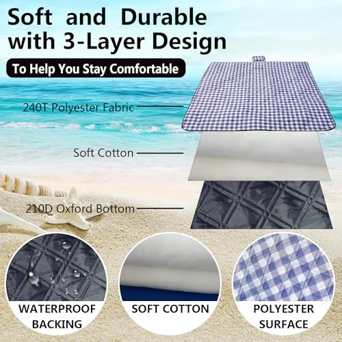 Picnic Blankets Machine Washable, 79''x79'' Extra Large Waterproof Foldable Compact Beach Blankets, Oversized XL Outdoor Mat for Spring Summer Camping, Park, Travel - color: Wathet and White