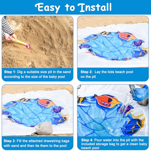 6.5 X 6.5 Ft Baby Beach Pool, 2 in 1 Portable Kids Beach Play Pool Puddle Toddler Beach Blanket and Kiddie Pools Blue Cartoon Childs Sand Pit Paddling Pools with Water Bag for Boy Girl Outdoor Camping - size: Square 2m x 2m/6.5ft x 6.5ft