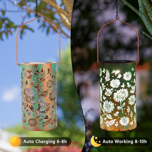 Solar Lanterns Outdoor Waterproof,Hanging Solar Lights for Garden Decor Outside,Sunflower Gifts for Women,Metal Lanterns Decorative Outdoor for Yard,Patio,Backyard,Porch-2 Pack - style: Sunflower-2 Pack