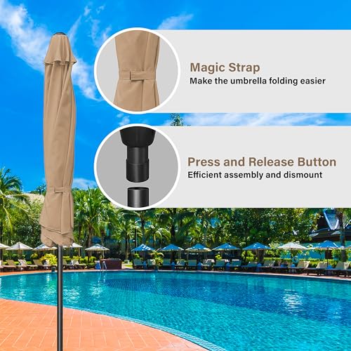 HealSmart 9ft Patio Umbrella with Push Button Tilt/Crank, Outdoor Table Market Yard Umbrella with 8 Sturdy Ribs for Garden, Backyard, Deck, Pool, Tan - color: Tan, size: 9FT