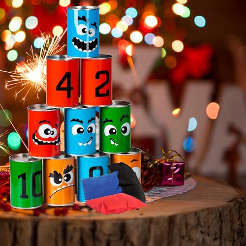 Bean Bag Toss Game for Kids Outdoor Indoor Family Fun, Knockdown Tin Can Alley Game for Holiday Birthday Party Games - 10 Funny Face Cans and 3 Beanbags