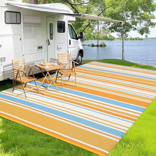 GarveeHome Outdoor Rug 8x10 Colorful Geometric Lines Plastic Straw Indoor Outdoor Rugs Striped Reversible Patio Outdoor Rug Portable Outside Carpet for Trailer RV Beach Pool, Orange Yellow Blue White - color: Geometric Stripes| Orange Yellow Blue White, s