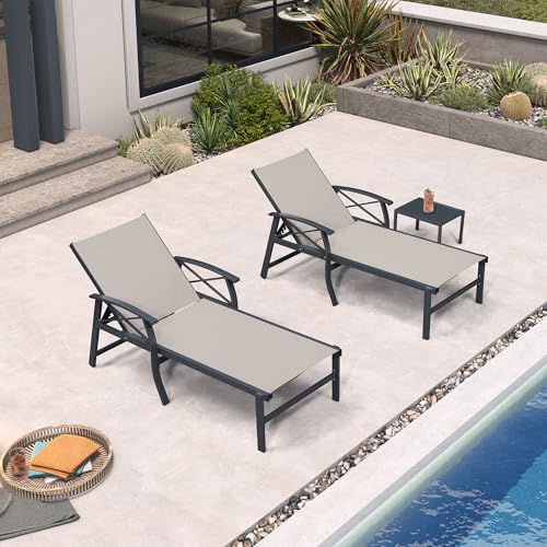 PURPLE LEAF Oversized Chaise Lounge Chair Outdoor Set of 2 Extra Wide Pool Lounge Chairs 5 Adjustable Position with Armrests and Side Table Aluminum Patio Lounge Chair for Outside Beach, Deep Beige - color: Deep Beige, size: Oversized