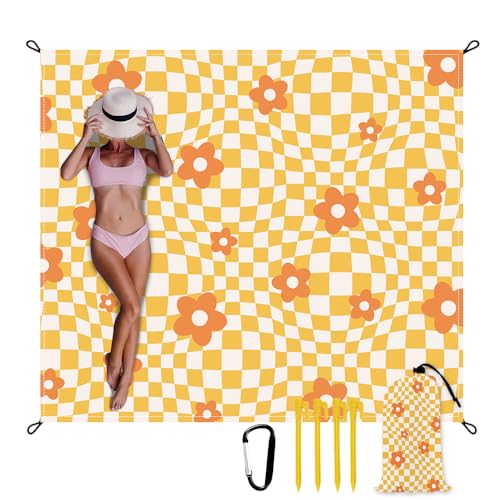 Beach Blanket Waterproof Sandproof Extra Large 8 Ft X 7 Ft for 4 Adults Oversized Sand Free Beach Mat with 4 Corner Pockets and Stakes Portable for Beach Picnic Travel Camping (Orange) - color: Orange, size: 8 X 7 FT(1-4 Person)