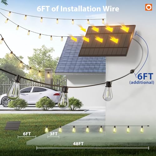 addlon 54FT(48FT+6) Solar String Lights Outdoor Waterproof with USB Port & Remote Control Solar Patio Lights for Outside Solar Powered with 16 LED Dimmable Bulbs for Porch Garden Deck Halloween - size: 48+6FT(15 Sockets）