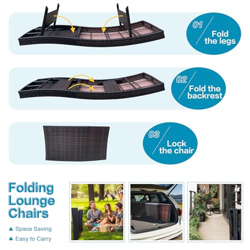 Folding Patio Chaise Lounge (Set of 1 Chair), Foldable Long Reclining Patio Seating Chairs, Outdoor Wicker Lounge Chair, Rattan Chaise Lounge Lawn Sunbathing Chairs Beach Pool Backrest Recliners - color: 1 Foldable Chair