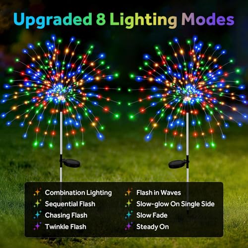2 Pack 300 LED Solar Garden Lights Outdoor Waterproof Decorative, 8 Modes Firework Lights Solar Powered, Multicolor Sparkler Fairy Light for Yard Patio Pathway Lawn Landscape Flowerbed Party Decor