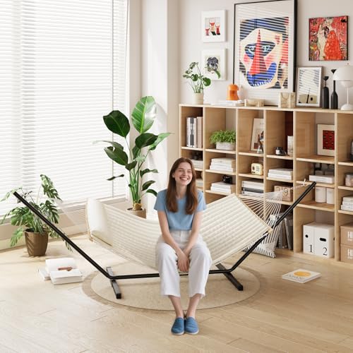2 Person Double Hammock with Iron Frame Stand,475Lb Capacity,Portable Rope Hammock for Garden, Camping, and Relaxation, Beige - color: Beige