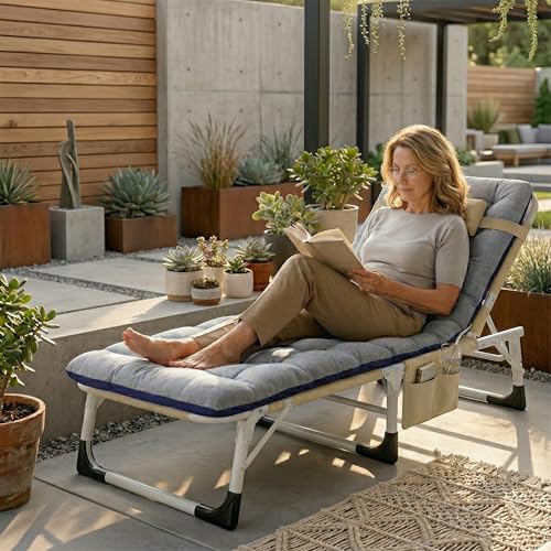 ABORON 4-in-1 Lounge Chair with Face & Arm Holes for Tanning, 440LB Heavy-Duty Folding Recliner with Plush Cotton Cushion, No Assembly Tri-Fold Guest Bed for Sunbathing, Poolside, Office Nap & Camping - color: Beige Khaki Standard